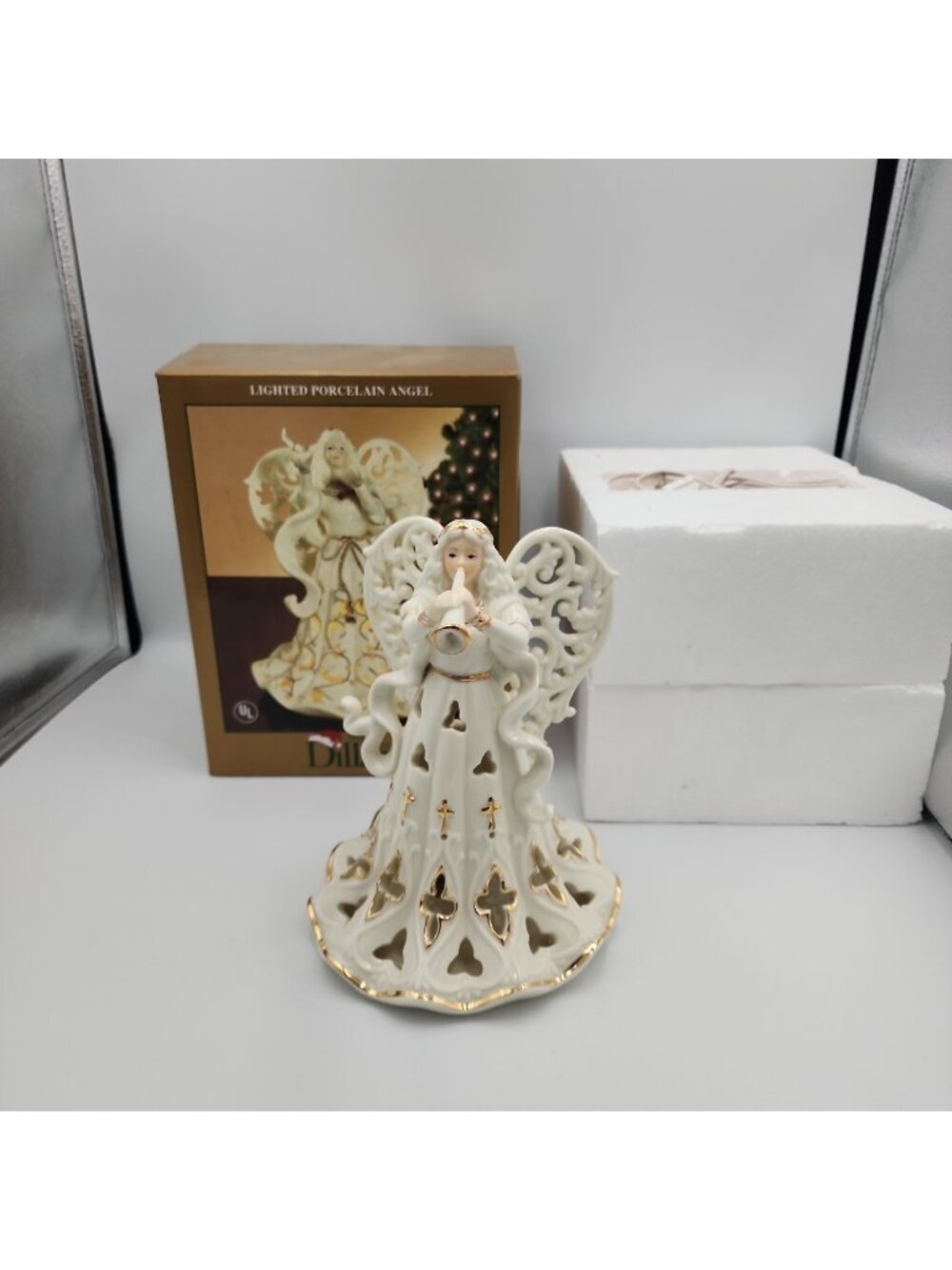 Dillard's 8" Lighted Porcelain Angel Holding a Trumpet Box Corded Ivory Gold